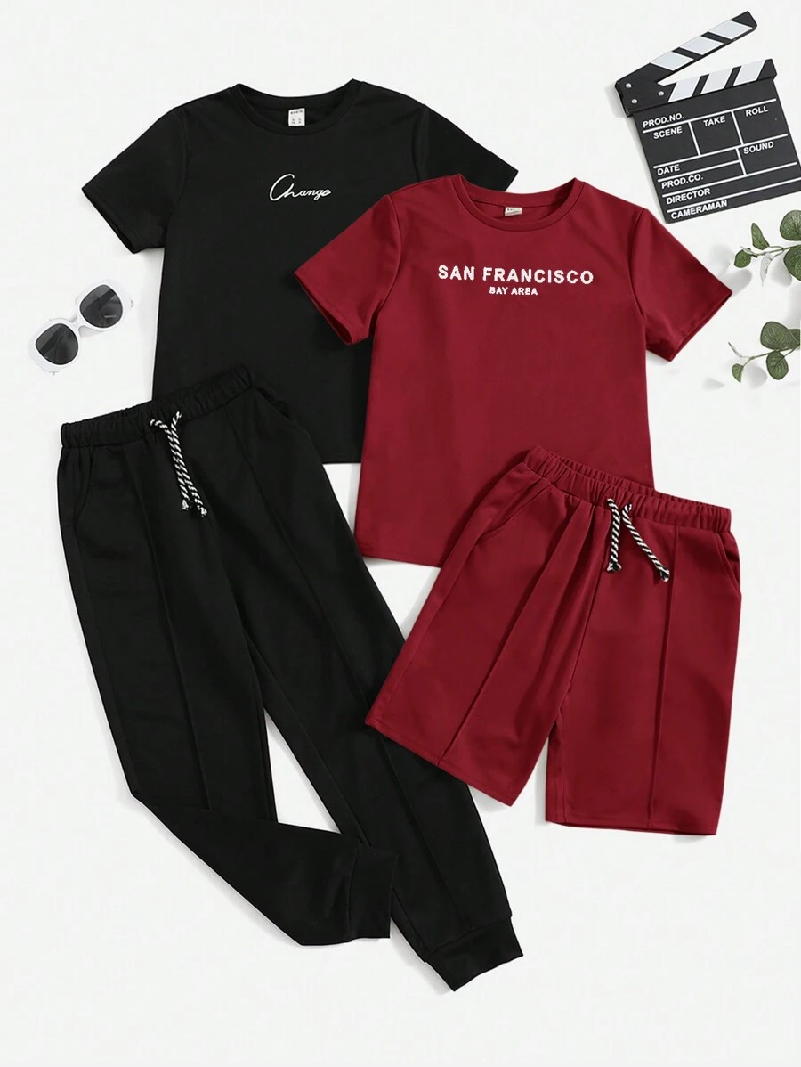 SHEIN Leap Crew Tween Boy Letter Graphic 2pcs Top & 1pc Shorts & 1pc Sweatpants - Burgundy - View 1