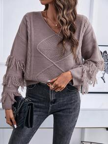 SHEIN Essnce Fringe Trim Drop Shoulder Cable Knit Sweater - Dusty Purple - View 3