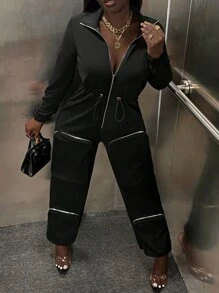 Slaydiva 女式休闲连体裤，带拉链口袋和卷边下摆，黑色，长款 - 黑色 - 查看 4