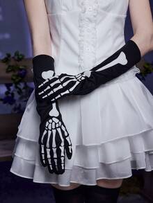 ROMWE Goth 1pair Women Skeleton Hand Print Long Fingerless Gloves - Black and White - View 4