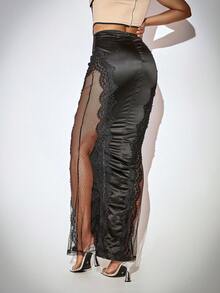 撞色蕾絲開衩大腿裙 - 黑色 - 查看 2