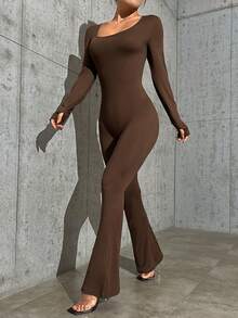 SHEIN Essnce Scoop Neck Unitard Jumpsuit - Brown - View 3