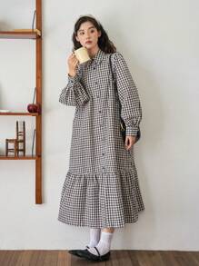FRIFUL Váy sơ mi viền bèo in họa tiết Gingham - Nhiều màu - Xem 7