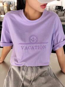 DAZY Letter Embroidery Drop Shoulder Tee - Purple - View 3