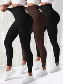 Easithlete 3pcs Solid Tummy Control Sports Leggings Workout Leggings Spandex Women Leggings Set Yoga Pants - Multicolor - View 1