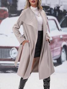 SHEIN Clasi Waterfall Collar Belted Overcoat - Apricot - View 6