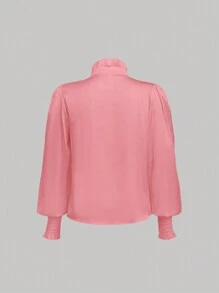 Aveloria Frill Trim Button Front Lantern Sleeve Blouse - Pink - View 3