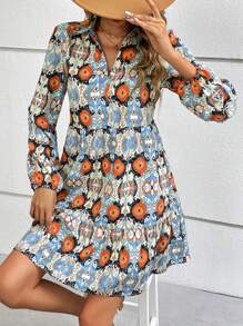 SHEIN Clasi Allover Print Ruffle Hem Smock Dress - Blue - View 3