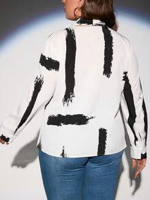 SHEIN Clasi 大碼筆刷圖案繫帶領襯衫 - 白色 - 查看 2