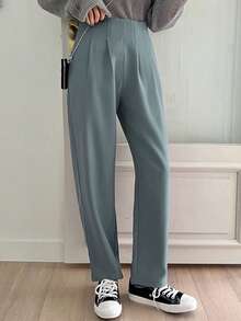 DAZY High Waist Plicated Detail Straight Leg Pants - Cadet Blue - View 4