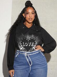 SHEIN CURVE+ 大碼字母和花卉印花T恤 - 黑色 - 查看 1