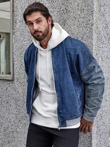 Manfinity Homme Loose Fit Men's Drop Shoulder Denim Jacket With Zipper Closure, Without Hood - Dusty Blue - View 5