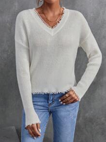 SHEIN LUNE Drop Shoulder Distressed Trim Sweater