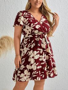 SHEIN Clasi 大碼花卉印花束帶洋裝 - 酒紅色 - 查看 6