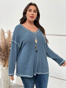 EMERY ROSE Cộng với áo thun trễ vai có đường may hàng đầu - Màu xanh lam - Xem 5