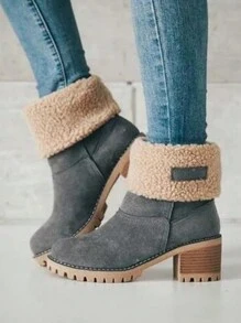 女士新款秋冬欧美中筒粗跟双面人造毛皮雪地靴，超大码 - 灰色 - 查看 2