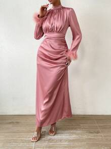 Rafferiza Fuzzy Cuff Ruched Detail Satin Dress Maxi Women Outfit Fall Cloth For Women - Dusty Pink - View 4