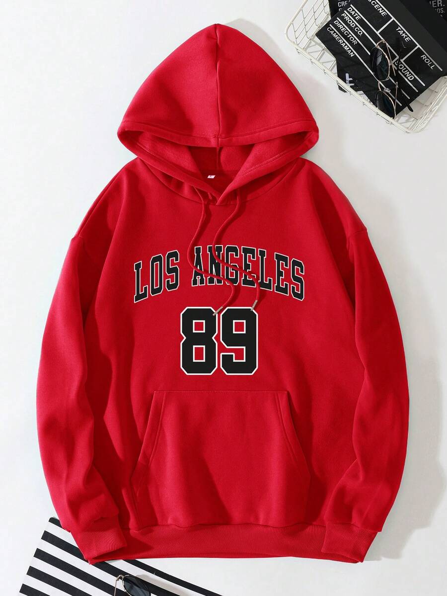 男士字母圖案袋鼠口袋抽繩保暖連帽衫 - 紅色 - 查看 1