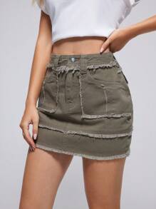 SHEIN EZwear Raw Hem Váy Denim - Cà phê nâu - Xem 6