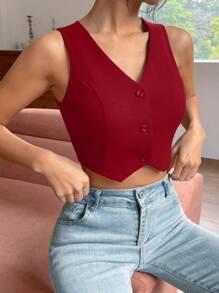 SHEIN EZwear 秋冬款纽扣前短款背心 - 紅色 - 查看 1