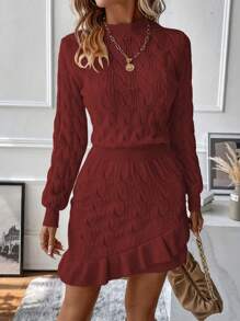 SHEIN LUNE 麻花編織荷葉邊毛衣洋裝 - 酒紅色 - 查看 5