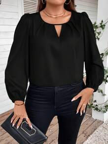 SHEIN Clasi Plus Keyhole Neckline Lantern Sleeve Blouse - Black - View 6