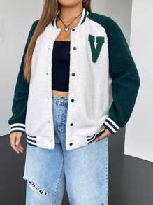 SHEIN EZwear Plus Letter Patched Striped Trim Raglan Sleeve Teddy Varsity Jacket - Multicolor - View 4