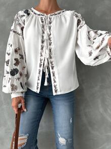 Cottnline 印花燈籠袖流蘇前繫帶襯衫 - 白色 - 查看 1