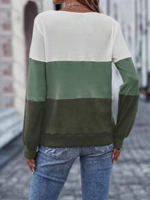 SHEIN LUNE 撞色紐扣細節運動衫 - 綠色 - 查看 2