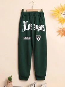 SHEIN 男孩字母圖案彈性腰帶衛褲 - 綠色 - 查看 1