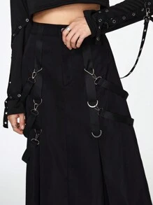 ROMWE Grunge Punk Solid Buckle Detail Fold Pleated Skirt - Black - View 6