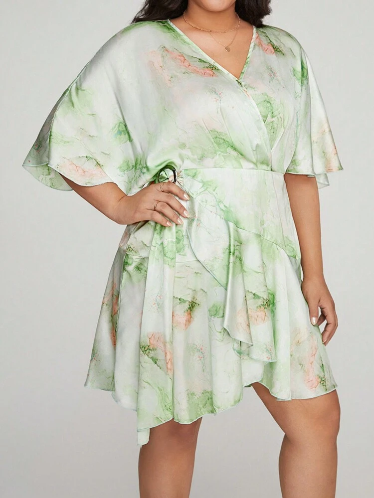 Plus Marble Print Ruffle Trim Wrap Knot Side Dress