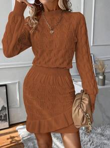 SHEIN LUNE Solid Ruffle Hem Sweater Dress - Rust Brown - View 4