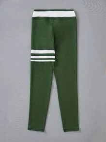 SHEIN Tween Girl Striped Print Contrast Binding Sports Leggings - Green - View 2