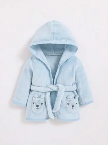 SHEIN Newborn Baby Boy 3D Ear Design Cartoon Embroidery Hooded Belted Sleep Robe - Teal Blue - View 1