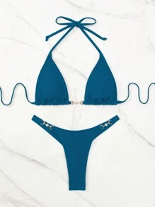 Swim Basics 夏日沙灘環連領三角泳裝套裝 - 藍色 - 查看 4
