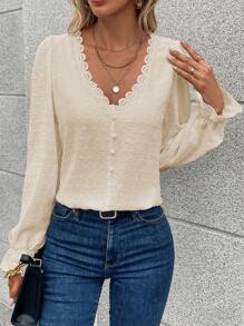 Chiquease 圓點鏤空蕾絲花邊喇叭袖襯衫 - 杏色 - 查看 6