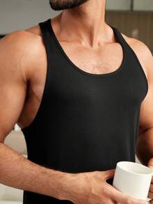 Men Solid Tank Top & Plaid Print Pants PJ Set - Multicolor - View 6