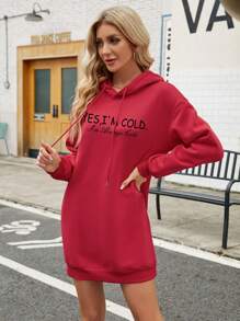 SHEIN Essnce 標語圖案落肩袖抽繩連帽洋裝 - 紅色 - 查看 3