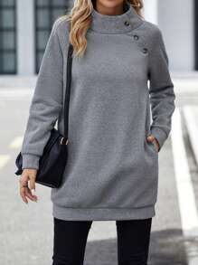 EMERY ROSE 女士开领装饰纽扣羊毛面料休闲舒适保暖套头连帽衫，秋冬季，长袖上衣 - 深灰色 - 查看 1