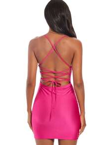 SHEIN BAE Vestido ajustado con lentejuelas, espalda cruzada y detalle de diamantes de imitación - Rosa Fucsia - Ver 3