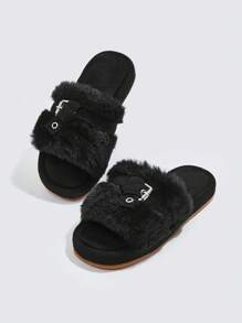 時尚潮流涼爽舒適防滑休閒家居冬季保暖毛絨拖鞋 - 黑色 - 查看 4
