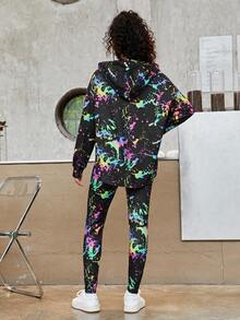 青少年女孩潑墨圖案連帽衫和緊身褲 - 彩色 - 查看 2