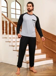 Men Colorblock Raglan Sleeve Tee & Pants PJ Set - Multicolor - View 1