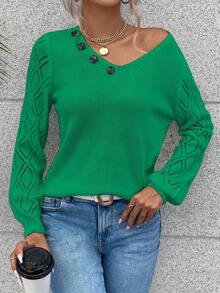 SHEIN Essnce Button Detail V Neck Sweater - Green - View 6