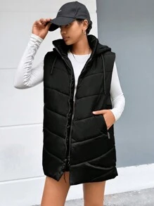 EURMUSE Zip Up Drawstring Hooded Puffer Vest Coat - Black - View 6
