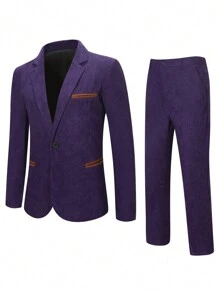 Manfinity Mode 男士大码單釦西裝外套和褲子 - 紫色 - 查看 1