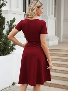Solid A-line Dress - Burgundy - View 2