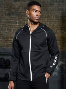 Manfinity Sport Corelite Boyfriend Style Men Letter Graphic Contrast Piping Raglan Sleeve Hooded Sports Jacket Workout Tops Sports Jacket - Black - View 6