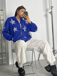 SHEIN EZwear Plus Size Star Print Drop Shoulder Zip Up Sweatshirt - Blue - View 5